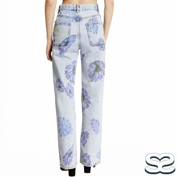 Sandro **NWT** Blossom Floral Print Rhinestone Straight Jeans in Blue Je… - Picture 10 of 15